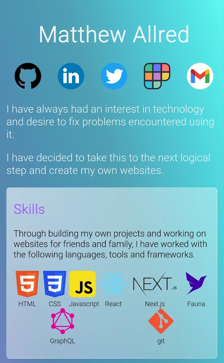 Screenshot of my profile site