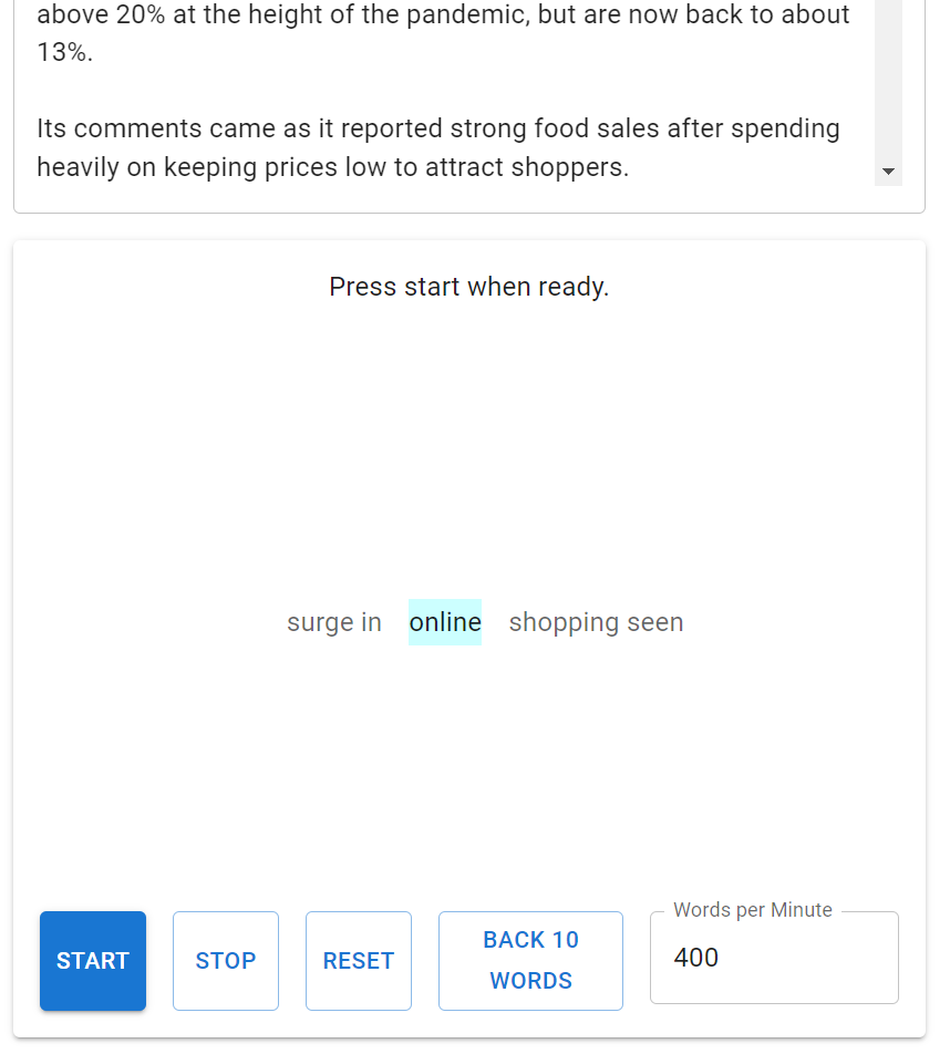 Screenshot of my speed reading site