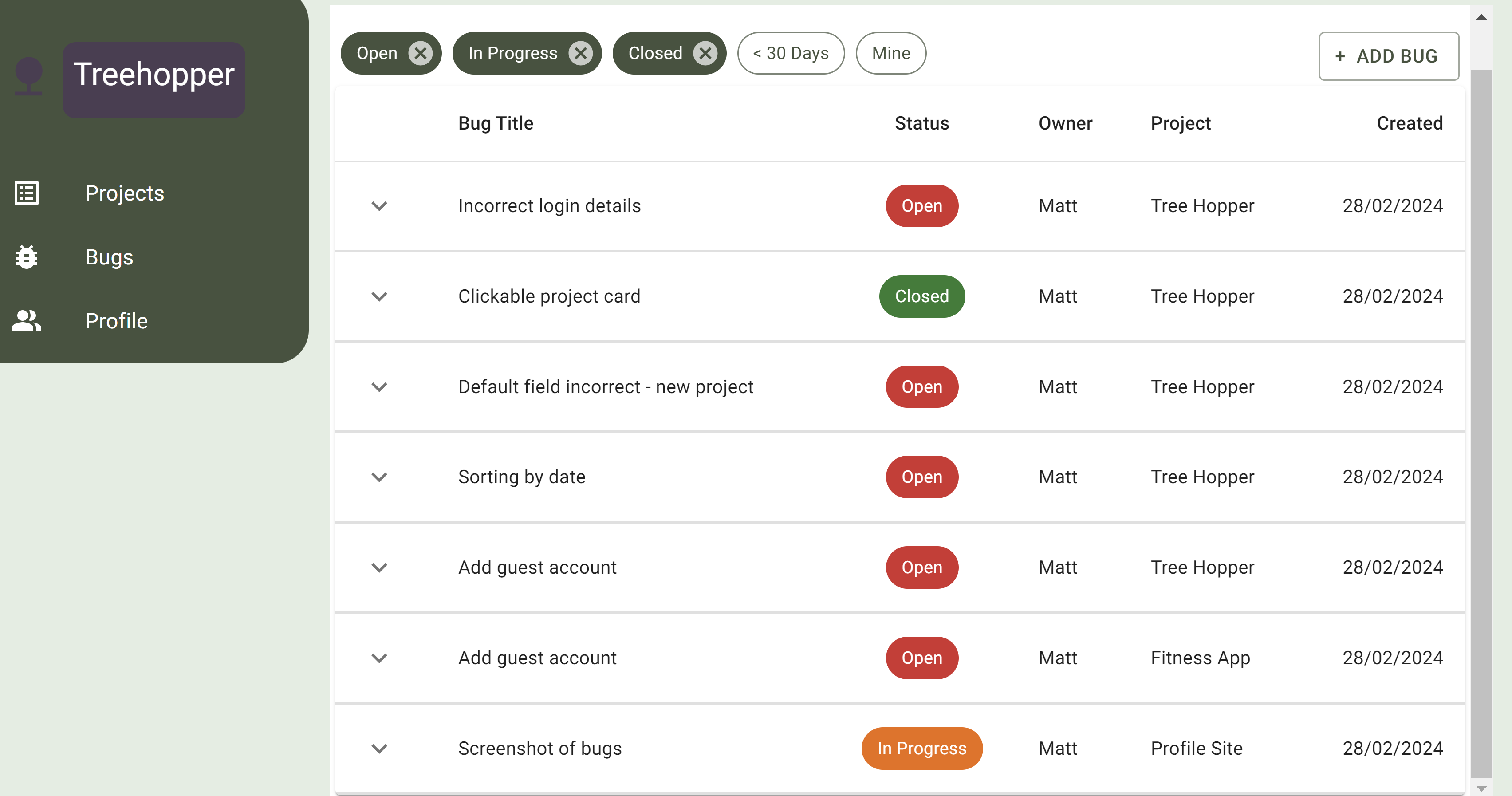 Screenshot of my bug tracking site